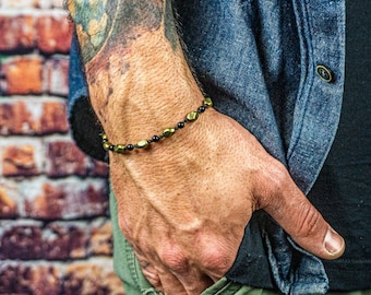 Rugged Bold Men's Beaded Bracelet- Black Onyx And Antique Bronze Nuggets Bracelet For Men- Handmade Gemstone Boho Chic Bracelet