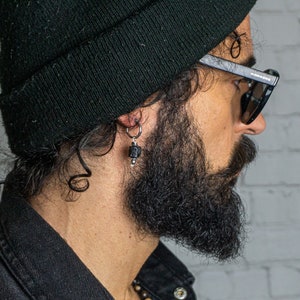 Natural Raw Tourmaline Stone Earring For Men- Mens Alternative Black Gemstone Bead Dangle Earring- Stainless Steel Hoop Edgy Beaded Earring