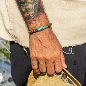 Imperial Jasper And Coconut Beaded Bracelet For Men- Summer Surfer Wood And Gemstone Heishi Bead Bracelet- Mens Turquoise Disc Bracelet