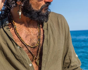 Mens Jasper And Coconut Bead Tribal Layered Necklace Set- Collana di perline Boho in legno e pietre preziose per gli uomini - Collana pendente a punta di freccia etnica