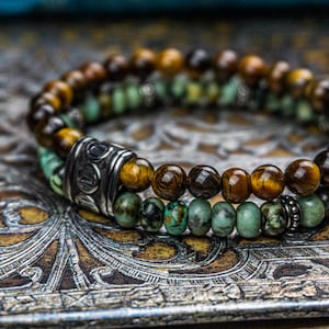 Healing Chakra Gemstone Bead Bracelet For Men- Jasper Turquoise Tiger Eye Double Bracelet Set- Mens Boho Yoga Stacking Beaded Bracelet Set