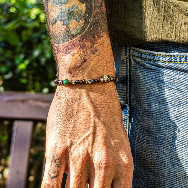 Unique Jade Boho Bracelet For Men - Green & Blue Jade Bracelet -  Mens Beaded Wood And Silver Bracelet - Boho Chic Gemstone Bracelet For Men