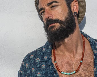 Collar de piedras preciosas coloridas de estilo bohemio: collar de cuentas de jaspe rojo y turquesa para hombre - collar largo, grueso y llamativo