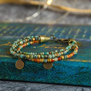 Indian Charm Multistrand Bracelet- Womens Bohemian Layered Bracelet- Boho Beaded Wrap Braclet Set- Carnelian And Green Gemstone Bracelet Set