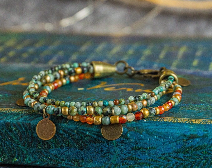 Indian Charm Multistrand Bracelet- Womens Bohemian Layered Bracelet- Boho Beaded Wrap Braclet Set- Carnelian And Green Gemstone Bracelet Set