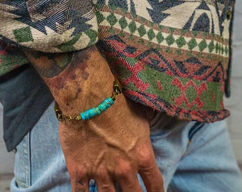 Mens Turquoise Bead And Leather Cuff Bracelet- Husband Elegant Boho Bracelet- Unisex Beaded Bracelet- Gemstone And Leather Unique Bracelet