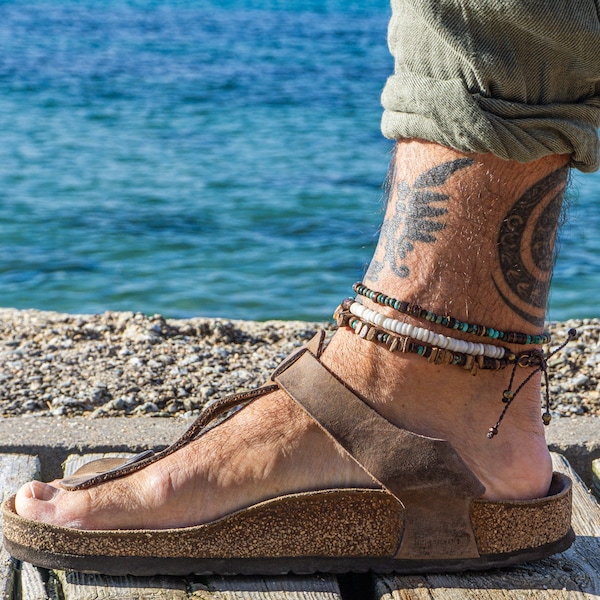 Mens Gemstone Coconut And Seashell Beaded Anklet Set- Summer Surfer Stacking Anklet Bracelet For Men- Beach Colorful Layered Anklet Set