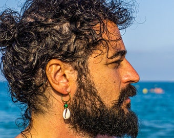 Mens Pirate Hoop Dangle Earring- Cowrie Shell Drop Earring For Men- Gemstone Pearl Seashell Ocean Earring- Summer Beach Alternative Earring