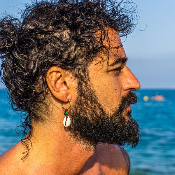Mens Pirate Hoop Dangle Earring- Cowrie Shell Drop Earring For Men- Gemstone Pearl Seashell Ocean Earring- Summer Beach Alternative Earring