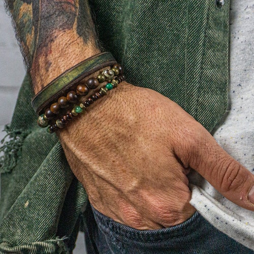 Mens Mala Bracelet Set 3/wooden Bead Leather Cool Etsy