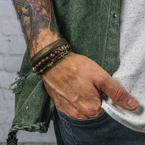 Heren mala-armband set van 3 houten kralen edelsteen en leer Cool bijpassende armbandset voor heren - esthetische aangepaste stapelbare kralenarmband