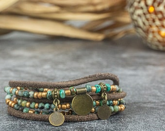Turquoise Gemstone Leather Wrap Bracelet: Boho Chic Beaded Jewelry