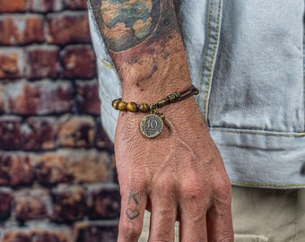 Braccialetto di perline in pelle e occhio di tigre con pietre preziose smerigliate per uomo - Braccialetto di fascino dal design unico da uomo - Braccialetto di protezione terrestre Boho Hippie