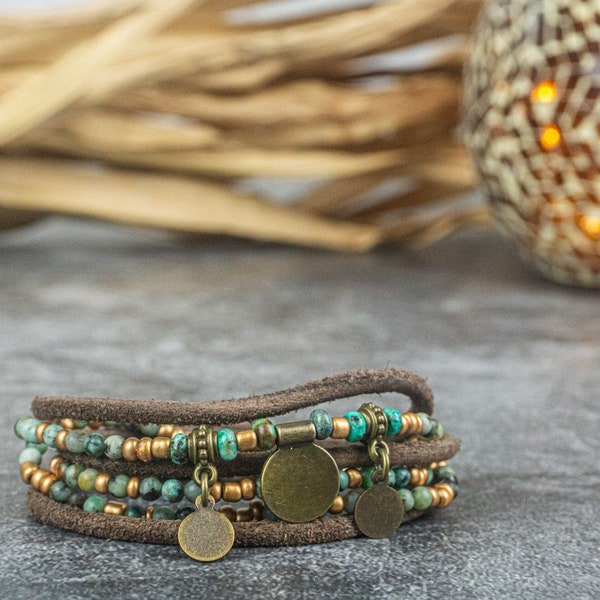 Bracelet d’enveloppement en cuir de pierre précieuse pour elle- Bracelet d’enveloppement de perles Boho Chic- Bracelet de superposition turquoise- Bracelet de fermeture magnétique- Cadeau pour elle