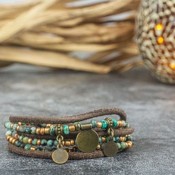 Gemstone Leather Wrap Bracelet For Her- Boho Chic Beaded Wrap Bracelet- Turquoise Layering Bracelet- Magnetic Closure Bracelet- Gift For Her