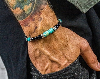Czarny onyks kamień zroszony bransoletka dla mężczyzn-męska czarno-niebieski afrykański turkus bransoletka z koralików-uziemienie powodzenia Boho bransoletka