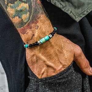 Black Onyx Stone Beaded Bracelet For Men- Mens Black And Blue African Turquoise Gemstone Bead Bracelet- Grounding Good Luck Boho Bracelet