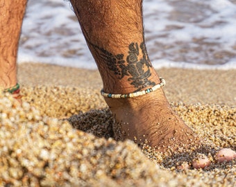 Concha de coco blanco y piedra preciosa turquesa De verano Hippie Anklet- Mens Beaded Boho Beach Anklet Bracelet- Hawaiian Coconut Heishi Bead Anklet