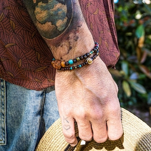 Mens Wooden Bead Bracelet Set - Matching Surfer Bracelet For Men- Boho Wood  Seed Turquoise Bracelet - Brown and Light Blue Beaded Bracelet