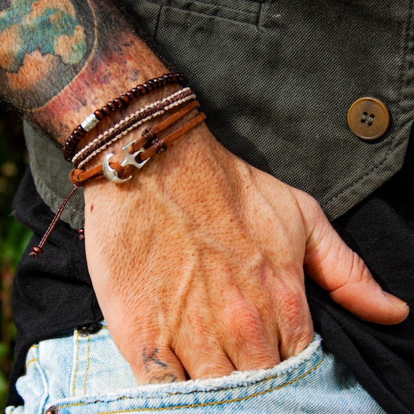 Mens Anchor Bracelet Set - Minimal Bracelet For Men - Leather Bracelet - Handmade Knot Bracelet - Nautical Jewelry
