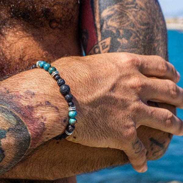 Lava Stone Healing Bracelet For Men - Mens Turquoise Gemstone Beaded Bracelet -Black Lava Rock Protective Bracelet - Ocean Jasper Bracelet
