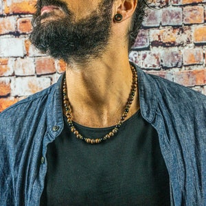 Rustic Casulal Wood Beads And Black Onyx Necklace For Men- Mens Wooden Bead And Gemstone Everyday Necklace- Boho Surfer Long Beach Necklace