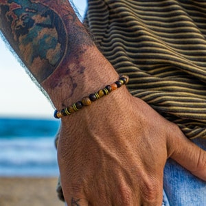 Mens Sunset Beaded Bracelet- Tiger Eye Bracelet For Men - Good Luck Healing Bracelet- Unisex Wooden Bead Surfer Bracelet- Gemstone Bracelet