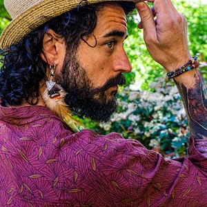 Long Real Feather Earring For Men - All Seeing Eye Of Providence Triangle Earring - Festival Statement Earring - Silver Hoop Pirate Earring