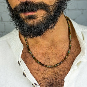 Mens Sierlijke Elke Dag Boho Edelsteen Ketting- Tijger oog steen en groene Jaspis Geluk ketting- Korte Verstelbare Kralen Ketting voor Mannen