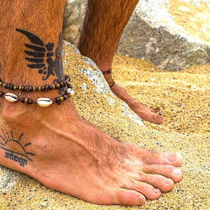 Boho Surf Cowrie Shell Mens Anklet Bracelet - Layered Matching Beach Anklet Set - Unisex Beaded Anklet - Hippie Pirate Summer Anklet For Men