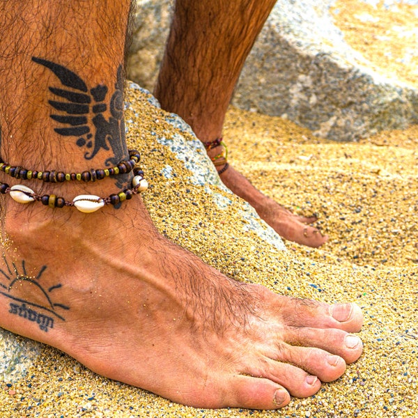 Boho Surf Cowrie Shell Mens Anklet Bracelet - Layered Matching Beach Anklet Set - Unisex Beaded Anklet - Hippie Pirate Summer Anklet For Men