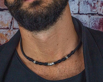 Mens Black Leather Choker Necklace- Stainless Steel Closure Choker- Minimalist Handmade Choker Collar- Authentic Leather Choker For Men