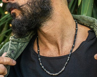 Collar minimalista industrial negro con cuentas para hombre - Collar masculino de acero inoxidable y piedras preciosas - Collar de cuentas de ónix negro y coco para uso diario