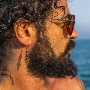 Mens Long Single Tribal Earring- Mens Wood And Lava Stone Bead Dangle Earring- Fantasy Pirate Triangle Drop Rustic Geometric Earring For Men