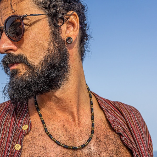 Mens Black Coconut Shell Hawaiian Beaded Necklace- Wooden Bead Summer Tropical Beach Necklace- Wood Surfer Boho Hippie Necklace For Men