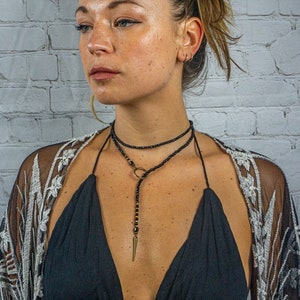 Wrap Choker O-Ring Necklace- Black Onyx Boho Gemstone Necklace- Spike Pendant Long Beaded Necklace For Women- Bohemian Y Necklace