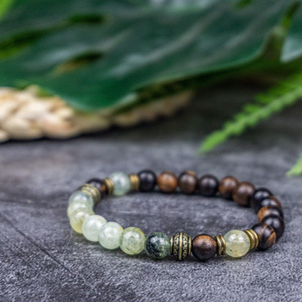 Bracelet de perles de guérison en cristal de Prehnite pour hommes et femmes - Bracelet de chakra spirituel en bois d'ébène et pierres précieuses pour hommes - Bracelet de mise à la terre