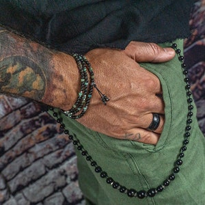 Mens Black Obsidian Wrap Bracelet- Gemstone Bead Wire Wrap Bracelet Set For Men- Everyday Stretch Mala Bracelet- Anxiety Yoga Boho Bracelet