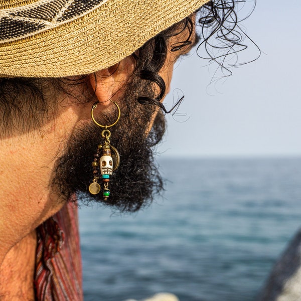 Mens Pirate Hoop Skull Earring- Ancient Coin And Skull Pendant Dangle Amulet Earring- Gemstone Beaded Skeleton Drop Earring For Men-