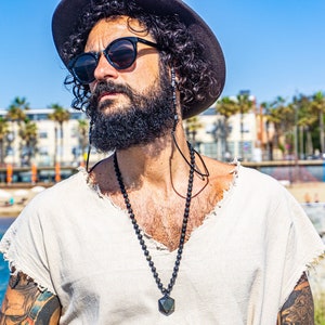 Golden Obsidian Pendant Necklace For Men- Long Adjustable Black Matte Gemstone Necklace- Mens Minimalist Beaded Geometric Pendant Necklace