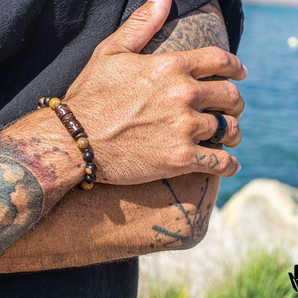 Dark Brown Precious Quality Ebony Wood And Natural Stone Bracelet For Men- Mens Maori Surfer Bracelet- Wooden Meditation Healing Bracelet