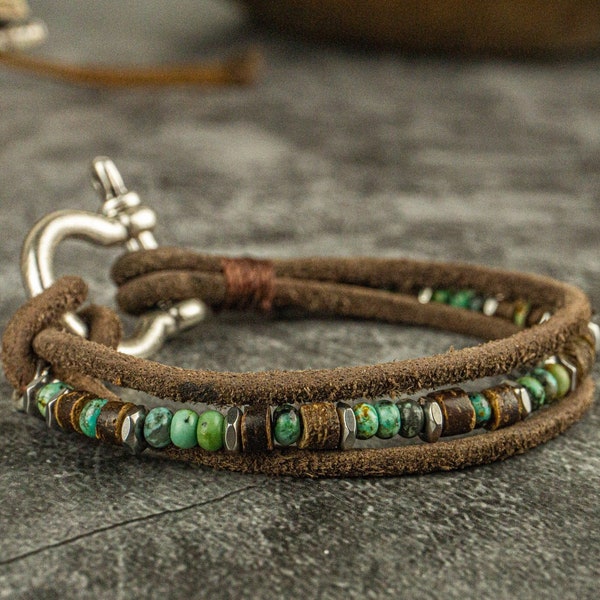 Ensemble de bracelets en cuir, perles et pierres précieuses pour homme - Bracelet à empiler en cuir de perles pour homme - Bracelet élégant tendance bohème - Bracelet porte-bonheur