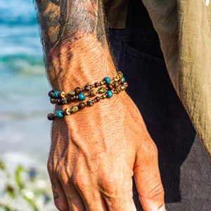 Herren Wickelarmband und Halskette 2-in-1 - Boho Hippie Perlenhalskette für Herren - Modernes Piratenholz und Edelsteinwickelarmband