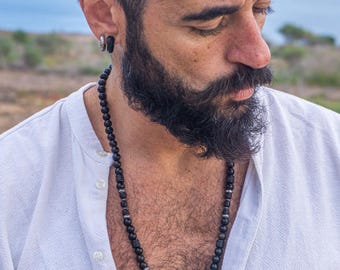 Collar de cuentas de madera gruesas para hombre – Collar largo de cuentas mala de madera oscura de estilo bohemio espiritual – Collar budista de yoga para la conexión a tierra