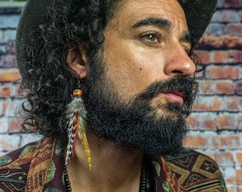 Très longue boucle d'oreille bohème avec assemblage de plumes pour hommes et femmes - Boucle d'oreille colorée pour homme avec perles de pierres précieuses Boho Funky Festival