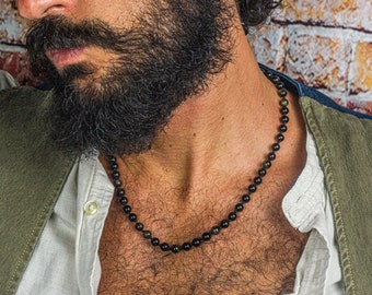 Natural Black Obsidian & Tibetan Silver Healing Protection Beaded Necklace – Unisex-1035669