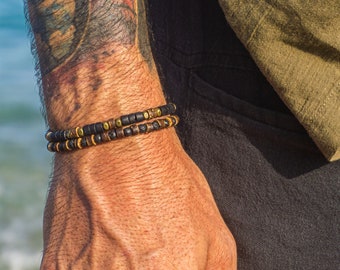 Juego de pulseras a juego de madera de coco y piedra de lava- Pulsera de apilamiento de cuentas de lava negra y cáscara de coco para hombres- Pulsera de playa de verano para hombres