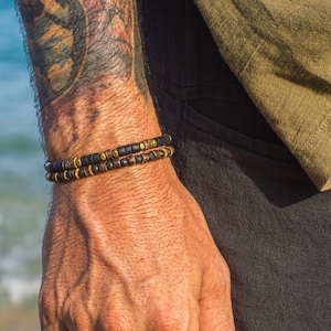 Coconut Wood And Lava Stone Matching Bracelet Set- Black Lava And Coconut Shell Beaded Stacking Bracelet For Men- Mens Summer Beach Bracelet