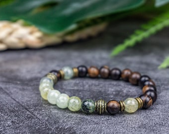 Prehnite Crystal Healing Beaded Bracelet For Men And Women- Mens Gemstone And Ebony Wood Spiritual Chakra Bracelet Bead- Grounding Bracelet