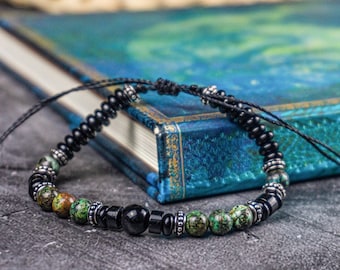 Black Onyx And Green African Turquoise Bead Bracelet For Men- Mens Gemstone Beaded Waterproof Strength Bracelet- Boho Stone Energy Bracelet